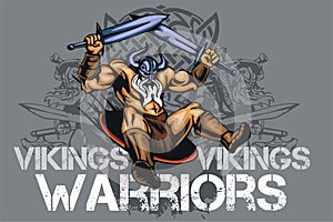 Viking norseman mascot cartoon with two swords