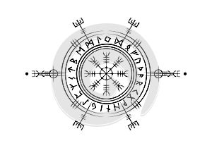 Viking Pagan Asatru Runic Compass, Vegvisir Rune Circle Viking Norse Mythology. Protective talisman for travelers. Magical circle