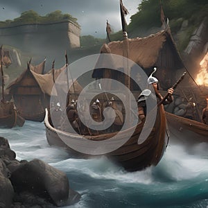 Viking raid, Fierce Viking warriors raiding a coastal village with longships and battle cries3