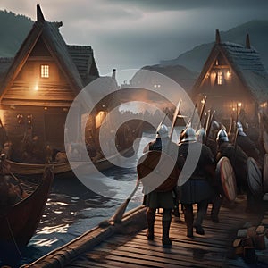 Viking raid, Fierce Viking warriors raiding a coastal village with longships and battle cries4