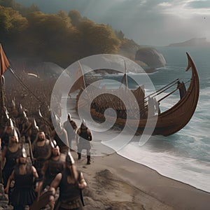 Viking raid, Fierce Viking warriors raiding a coastal village with longships and battle cries5
