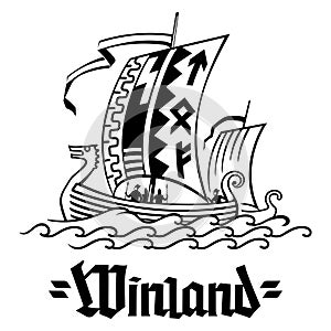 Viking Scandinavian design. Ship Drakkar sailing in a stormy sea