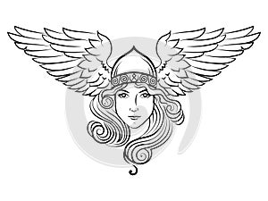 Viking, Scandinavian design. Valkyrie in a winged helmet. Image of Valkyrie, a woman warrior from Scandinavian mythology