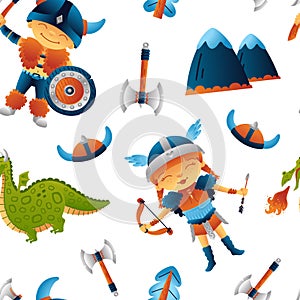 Viking seamless pattern cute boy, girl and dragon, children warriors and weapon