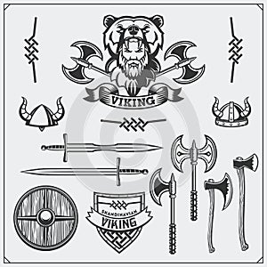 Viking set. Emblem, horned helmet, shield, sword and ax. Vintage style.
