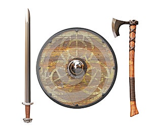 Viking Shield, Axe and Sword isolated on White