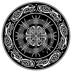 Viking shield decorated with a Scandinavian pattern of dragons and Aegishjalmur, Helm of awe helm of terror Icelandic