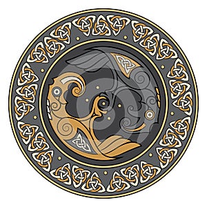 Viking shield, decorated with a Scandinavian pattern and Ravens of God Odin. Huginn and Muninn