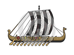 Viking ship color sketch raster illustration