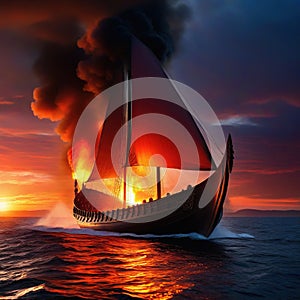 Viking ship flames in the