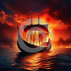 Viking ship flames in the
