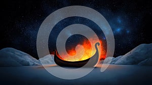 Viking ship in flames under a starry night sky