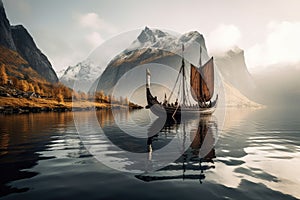 viking ship gliding across a calm lake, with mountains in the background
