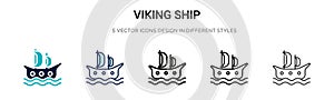 Viking ship icon in filled, thin line, outline and stroke style. Vector illustration of two colored and black viking ship vector