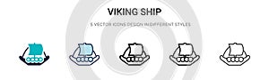 Viking ship icon in filled, thin line, outline and stroke style. Vector illustration of two colored and black viking ship vector