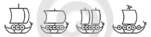 Viking ship line icons set. Drakkar signs. Vector isolated