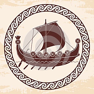 Viking ship with oars and shields.