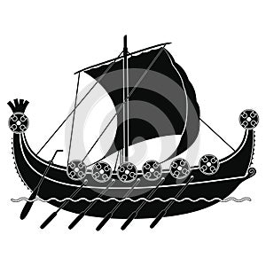 Viking ship with oars and shields.