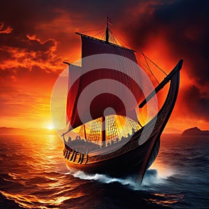 Viking ship sailing at fire
