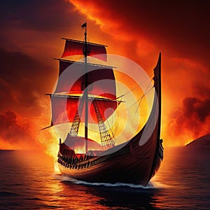 Viking ship sailing at fire