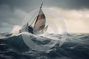 viking ship sailing on stormy sea, with waves crashing against the hull
