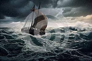 viking ship sailing on stormy sea, with waves crashing against the hull