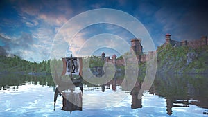 A Viking ship sails along a river towards a medieval castle. Widescreen 3D rendering