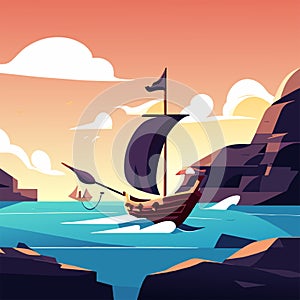 Viking ship on the sea at sunset. Vector cartoon illustration. AI Generated