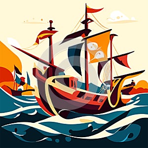Viking ship on the sea. Vector illustration in flat style. generative AI