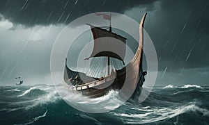 Viking ship in a stormy sea. 3D rendering illustration.