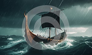 Viking ship in a stormy sea. 3D rendering illustration.