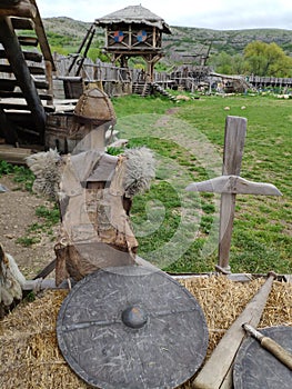 Viking village, historic buildings of the Scandinavian warriors, Vikings, the barbarians and their homes. Life and life in the