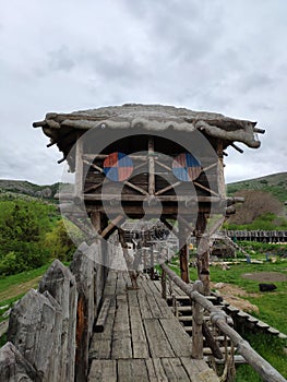 Viking village, historic buildings of the Scandinavian warriors, Vikings, the barbarians and their homes. Life and life in the