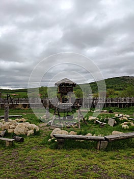 Viking village, historic buildings of the Scandinavian warriors, Vikings, the barbarians and their homes. Life and life in the