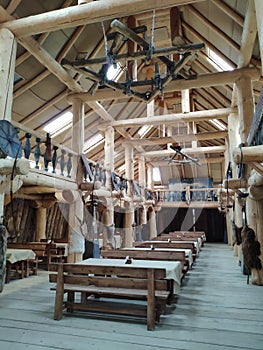 Viking village, historic buildings of the Scandinavian warriors, Vikings, the barbarians and their homes. Life and life in the