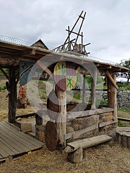 Viking village, historic buildings of the Scandinavian warriors, Vikings, the barbarians and their homes. Life and life in the