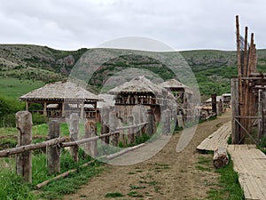 Viking village, historic buildings of the Scandinavian warriors, Vikings, the barbarians and their homes. Life and life in the