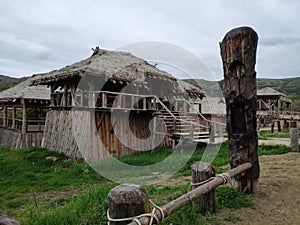 Viking village, historic buildings of the Scandinavian warriors, Vikings, the barbarians and their homes. Life and life in the