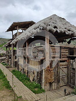 Viking village, historic buildings of the Scandinavian warriors, Vikings, the barbarians and their homes. Life and life in the