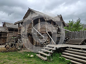 Viking village, historic buildings of the Scandinavian warriors, Vikings, the barbarians and their homes. Life and life in the