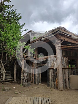 Viking village, historic buildings of the Scandinavian warriors, Vikings, the barbarians and their homes. Life and life in the