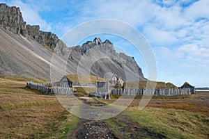 The Viking village near Vestrahorn mountain in southeast Iceland