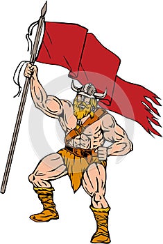 Viking Warrior Brandishing Red Flag Retro