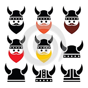 Viking warrior in helmet icons set