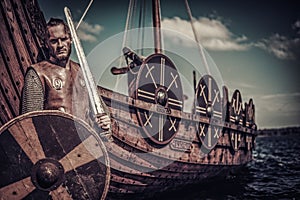 Viking warrior with sword and shield standing near Drakkar on seashore.