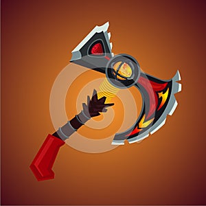 Magic antique battle axe. Viking weapon cartoon style. Game design icon concept.