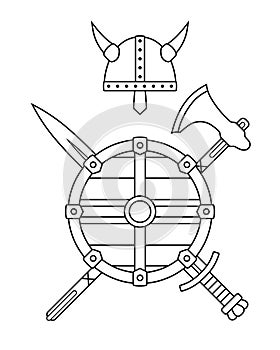 Viking weapons - old medieval shield, helmet, hatchet, sword, ax, axe, bow. Set of warrior equipment.