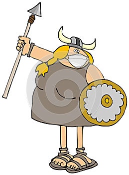 Viking woman raising her spear and wearing a face mask