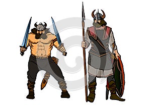 Vikings.brave Berserker with two swords and a warrior with a spear and shield