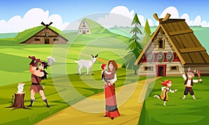 Vikings life. Peaceful cute inhabitants of ancient scandinavian village, woman with children, man chopping wood